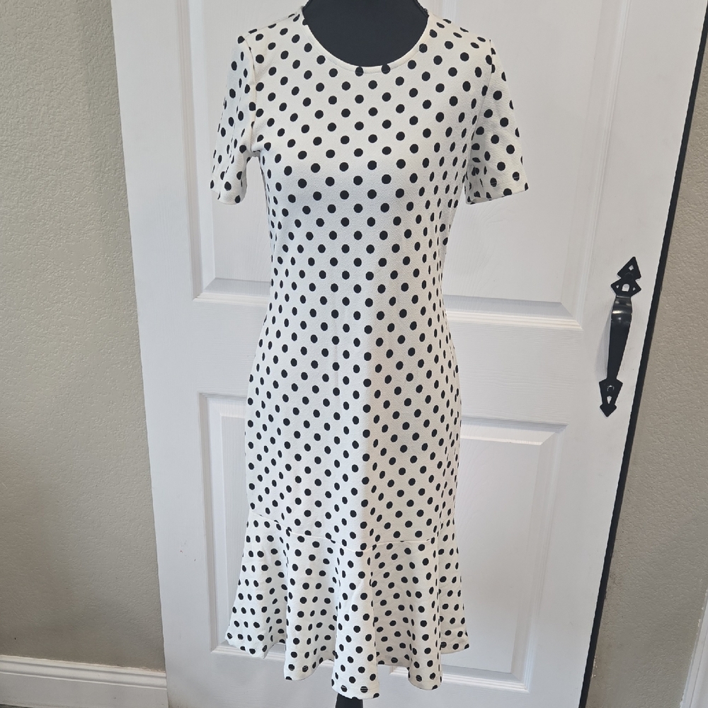 Pleione Black & White Polka Dot Stretch Midi Dress -โ Small/Medium
